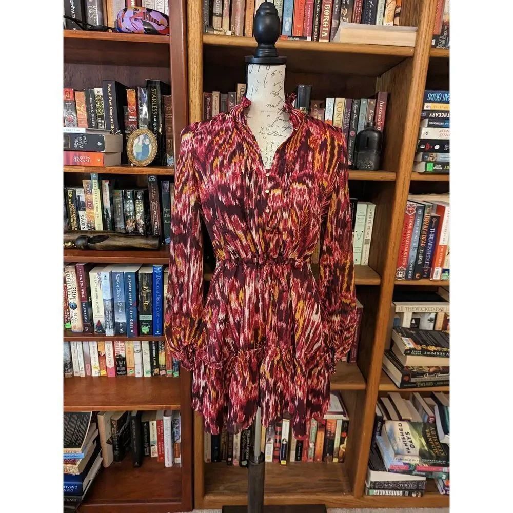 House of Harlow 1960 metallic thread red and orange long sleeve tie waist mini d